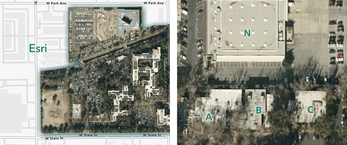 Two graphics, showing the 'Esri' sketch layer, and the 'building identifier' sketch layer Two graphics, showing the 'Esri' sketch layer, and the 'building identifier' sketch layer