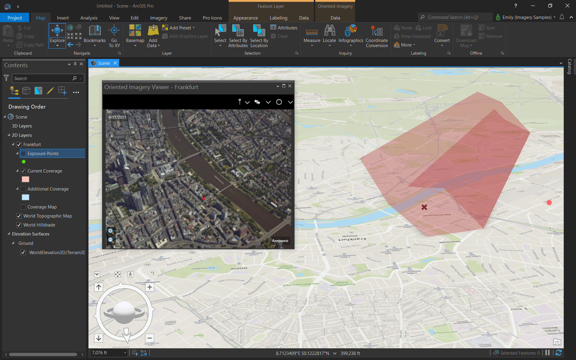 Screenshot of Oriented Imagery add-in for ArcGIS Pro in dark mode with a frustum