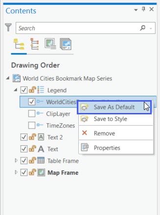 The context menu for a legend item in the Contents Pane. The Save as Default option is highlighted.