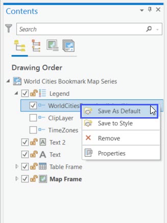 The context menu for a legend item in the Contents Pane. The Save as Default option is highlighted. The context menu for a legend item in the Contents Pane. The Save as Default option is highlighted.