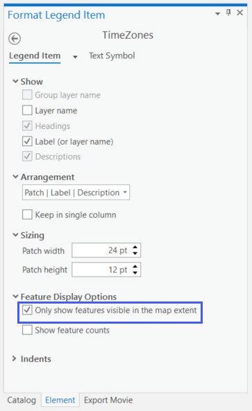 The element pane for a legend item. The Only show features visible in the map extent checkbox is highlighted