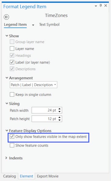 The element pane for a legend item. The Only show features visible in the map extent checkbox is highlighted The element pane for a legend item. The Only show features visible in the map extent checkbox is highlighted