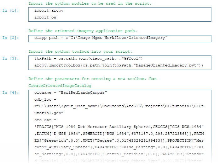 Screenshot of sample Python script for automating creation of oriented imagery catalogs