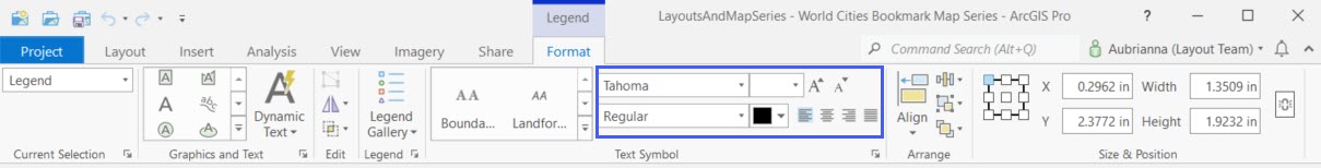 The legend format ribbon in Pro. The text options for the legend are highlighted The legend format ribbon in Pro. The text options for the legend are highlighted