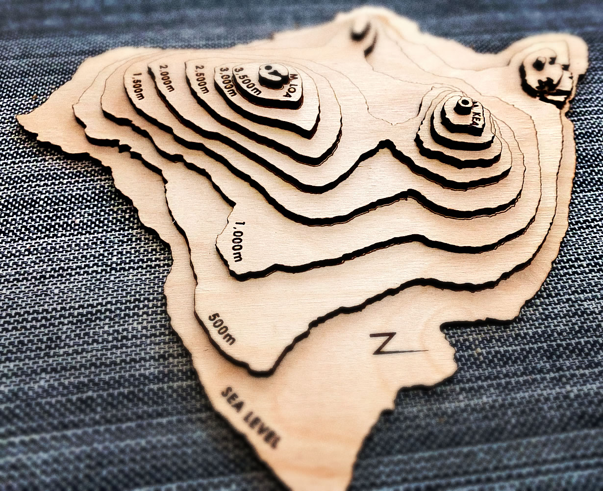 Laser cut wooden terrain model of Hawaii Laser cut wooden terrain model of Hawaii