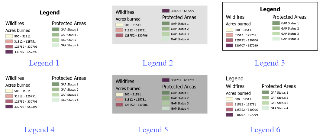 The same map legend showed in the 6 default legend styles