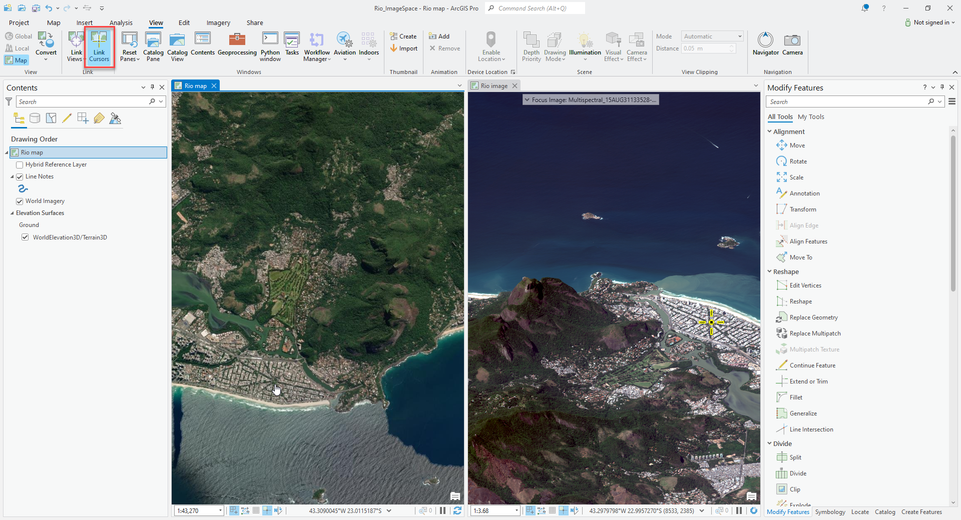 Screenshot of ArcGIS Pro showing Link Cursors enabled. Screenshot of ArcGIS Pro showing Link Cursors enabled.