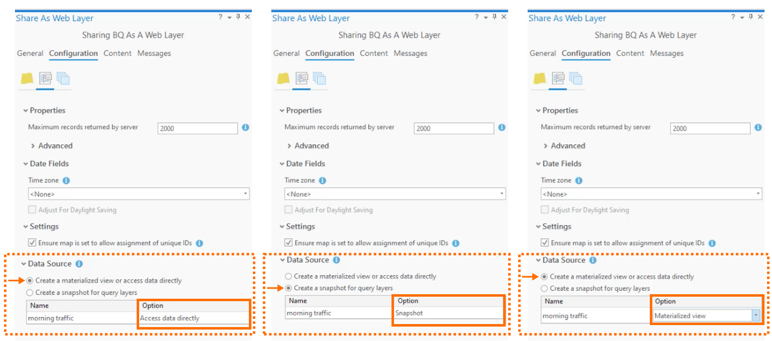 A map image layer can be shared accessing the data directly, as a snapshot, or as a materialized view.