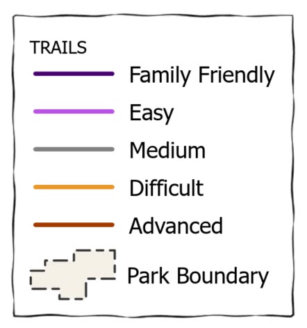 A legend showing 5 trails with linear symbology and a park boundary with polygon symbology. A legend showing 5 trails with linear symbology and a park boundary with polygon symbology.