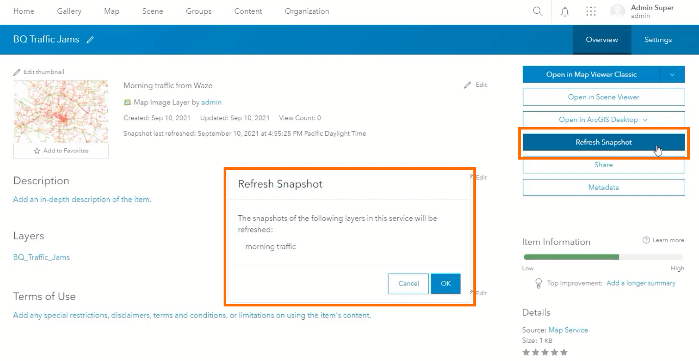 Map image layers published as a snapshot can be refreshed in the Enterprise portal.