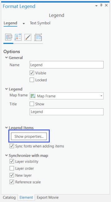 The options tab of the element pane for a legend. The Set properties button for legend items is highlighted. The options tab of the element pane for a legend. The Set properties button for legend items is highlighted.