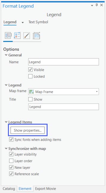 The options tab of the element pane for a legend. The Set properties button for legend items is highlighted.