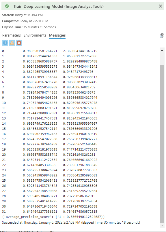 messages and accuracy from running the Train Deep Learning Model tool