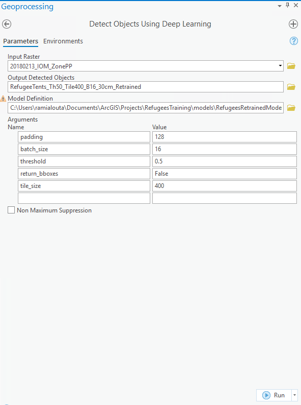Input parameters for the Detect Objects Using Deep Learning tool. Input parameters for the Detect Objects Using Deep Learning tool.