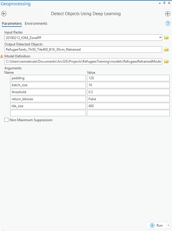 Input parameters for the Detect Objects Using Deep Learning tool.