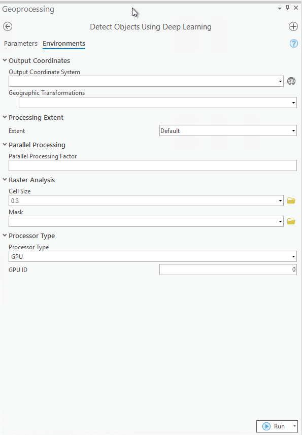 Environment parameters for the Detect Objects Using Deep Learning tool. Environment parameters for the Detect Objects Using Deep Learning tool.