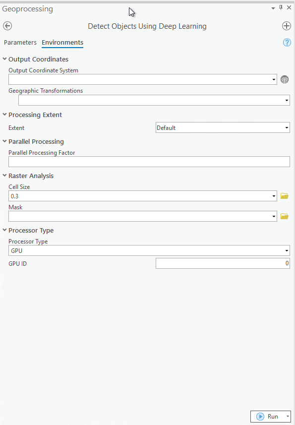 Environment parameters for the Detect Objects Using Deep Learning tool.