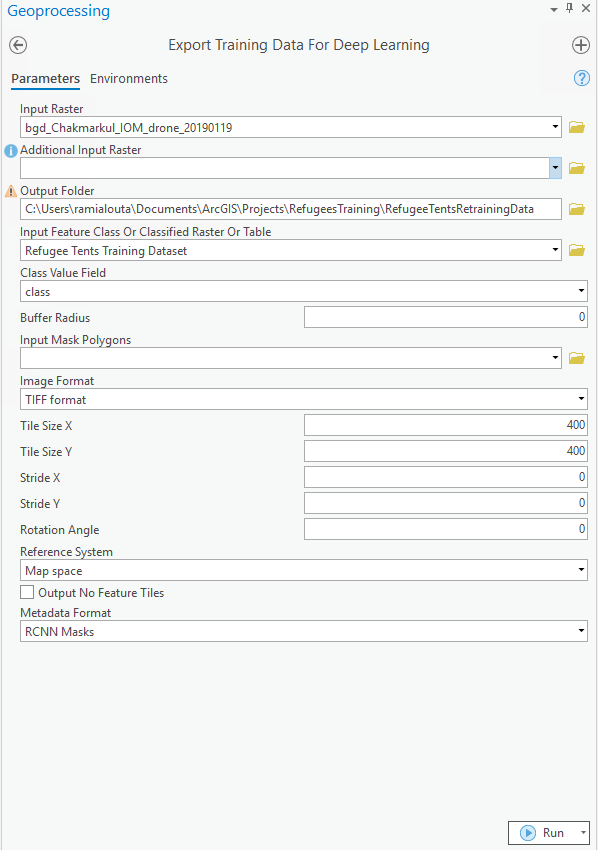 Input parameters for the Export Training Data tool.