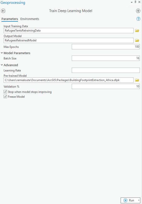 Input parameters for the Train Deep Learning Model tool. Input parameters for the Train Deep Learning Model tool.