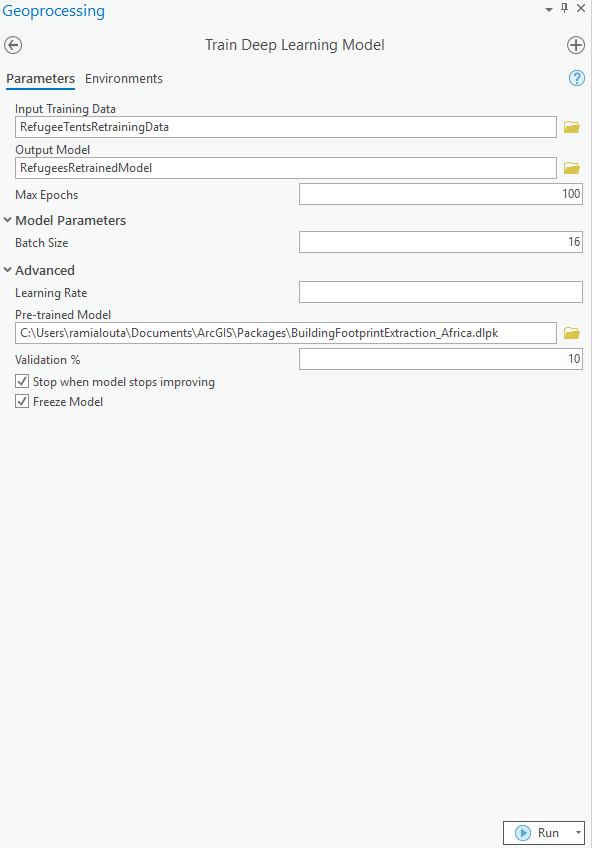 Input parameters for the Train Deep Learning Model tool.