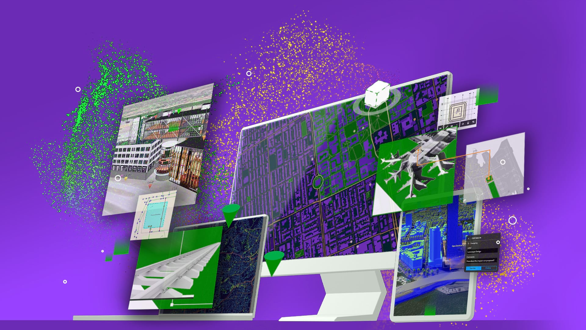 An illustration of a computer screen, tablet, and phone displaying 3D BIM models overlaid on a city map. An illustration of a computer screen, tablet, and phone displaying 3D BIM models overlaid on a city map.