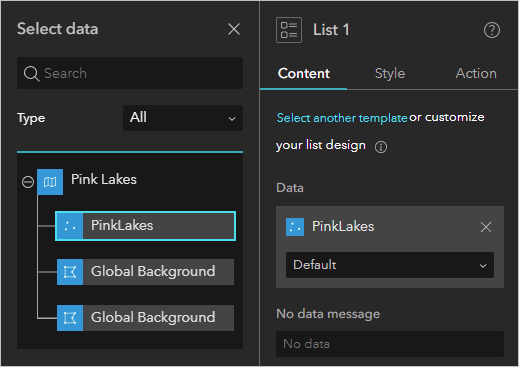 PinkLakes layer in the Select data pane