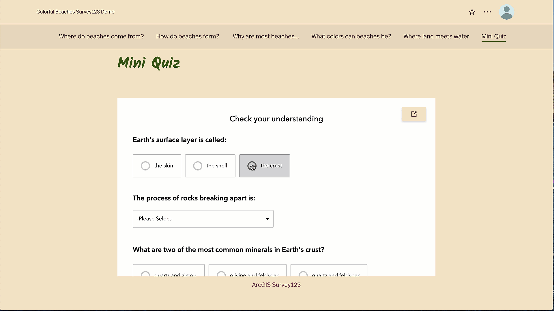 animated gif of an ArcGIS Survey123 self-check quiz embedded in an ArcGIS StoryMap animated gif of an ArcGIS Survey123 self-check quiz embedded in an ArcGIS StoryMap