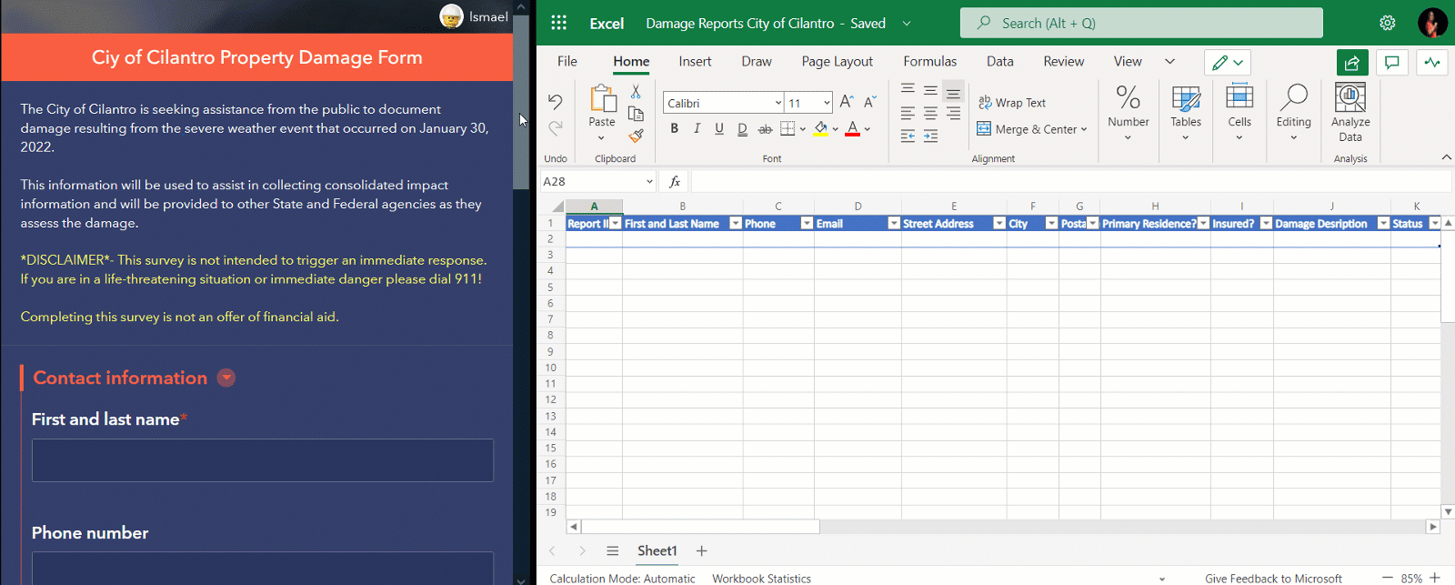 This image shows how Microsoft Power Automate adds data from Survey123 into the spreadsheet after a record is submitted