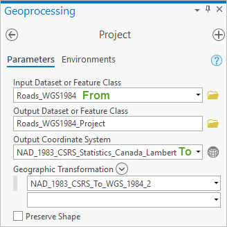 Project tool with From and To coordinate systems