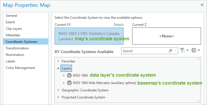 Map Properties Coordinate System window