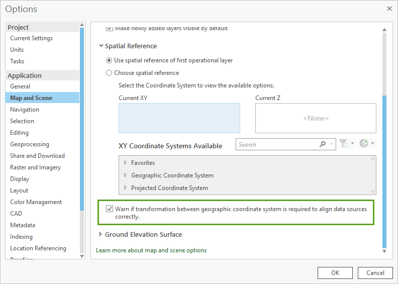 Transformation warning checkbox in project Options