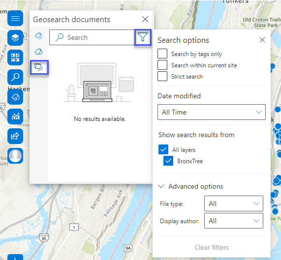 Geosearch documents pane with search filters