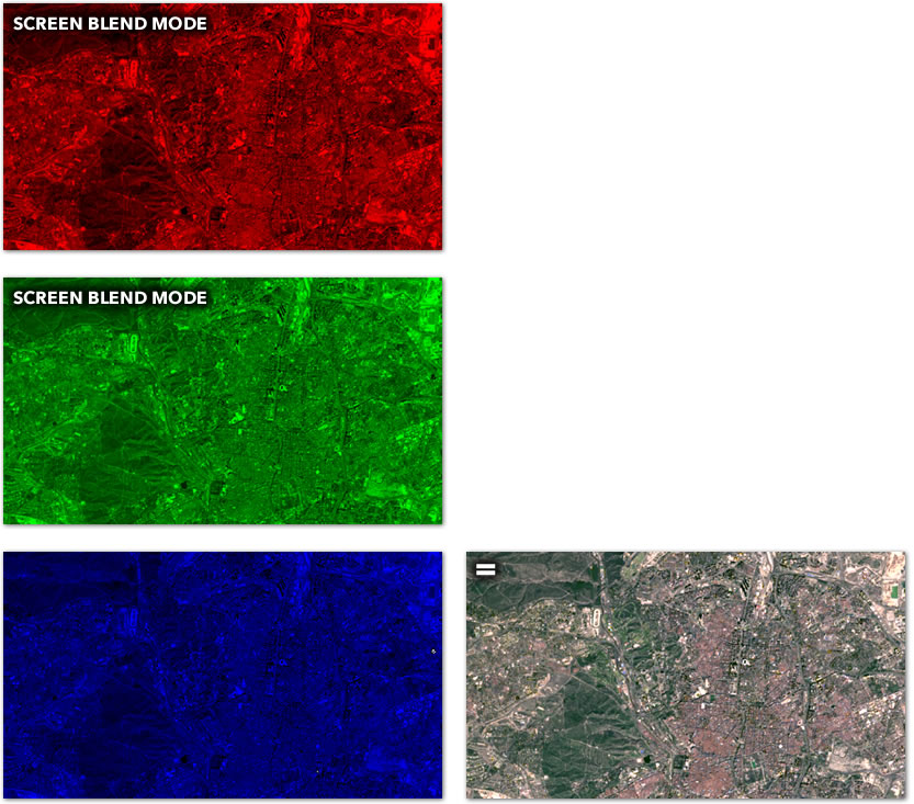 Applying a screen blend mode visually merges the layers into a color composite. Applying a screen blend mode visually merges the layers into a color composite.