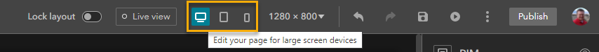 Step 4 – Explore the template. This Public Information Template is actually three apps in one. There are specific configurations of the app for large, medium, and small screen devices. Click on the different screen icons across the top to toggle between the different device pages.