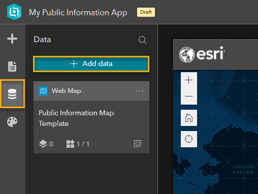 Step 5 - Add your web map by clicking on the Data tab on the left and clicking + Add data.