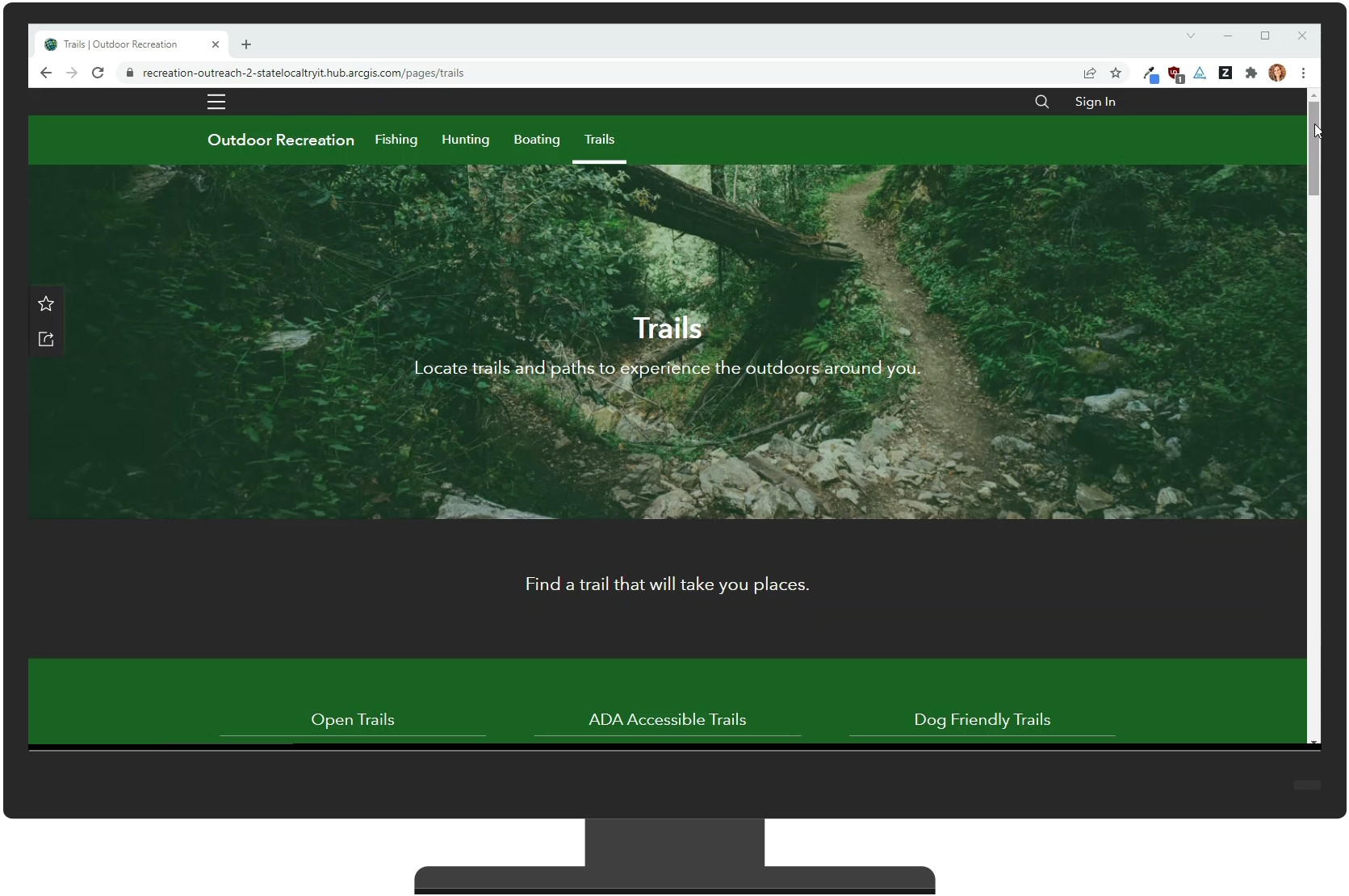 An image of the Trails Hub site