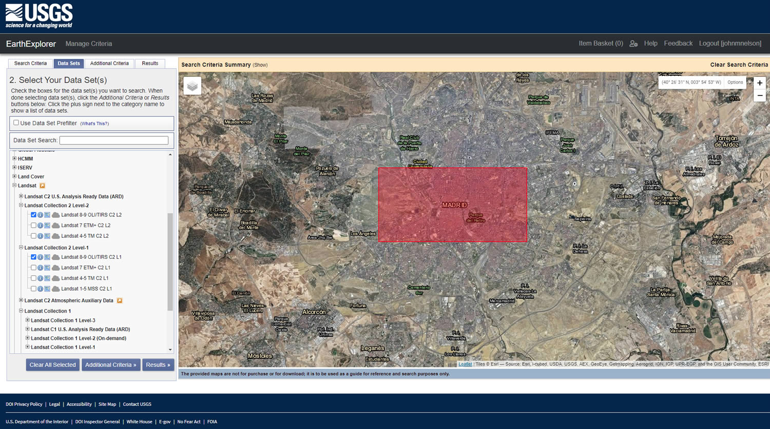 USGS EarthExplorer, over Madrid, with some Landsat data selected