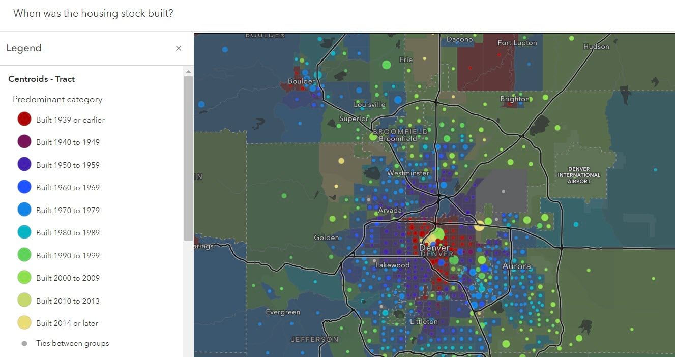 Decades go from red to purple to blue to green to yellow. Oldest housing is in red, newest housing is in yellow. Decades go from red to purple to blue to green to yellow. Oldest housing is in red, newest housing is in yellow.