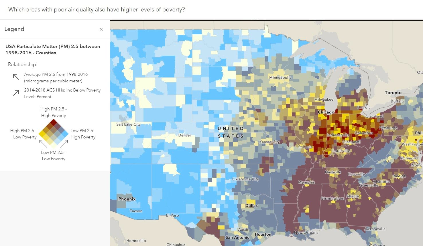 A relationship map of PM 2.5 and poverty in the Midwest. Light yellow areas are low on both (least concerning), red areas are high in both (most concerning), and blue areas are high in poverty but low in PM 2.5, and dark yellow areas are high in PM 2.5 but low in poverty.
