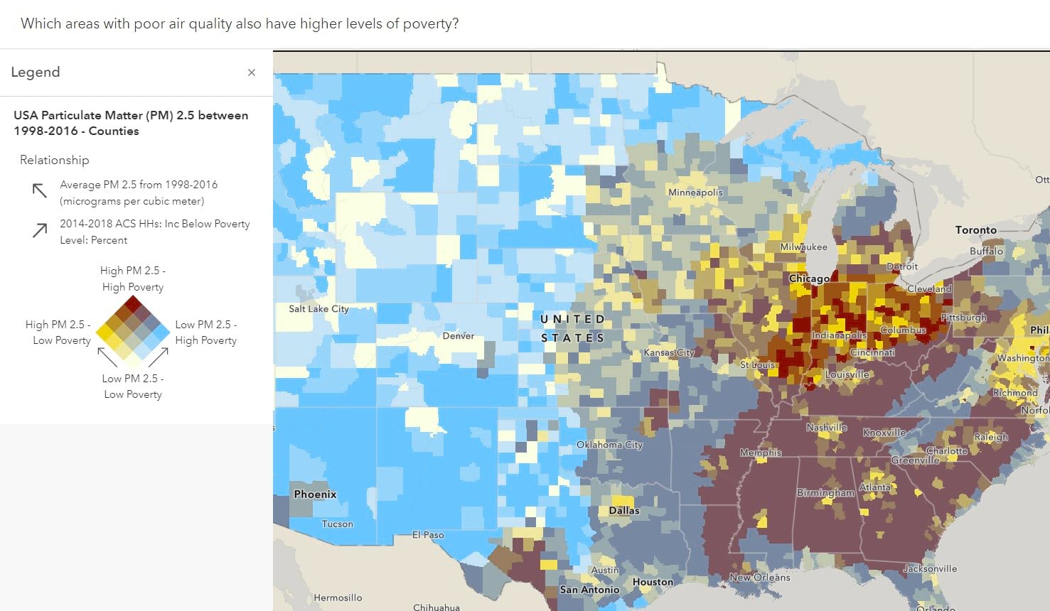 A relationship map of PM 2.5 and poverty in the Midwest. Light yellow areas are low on both (least concerning), red areas are high in both (most concerning), and blue areas are high in poverty but low in PM 2.5, and dark yellow areas are high in PM 2.5 but low in poverty. A relationship map of PM 2.5 and poverty in the Midwest. Light yellow areas are low on both (least concerning), red areas are high in both (most concerning), and blue areas are high in poverty but low in PM 2.5, and dark yellow areas are high in PM 2.5 but low in poverty.