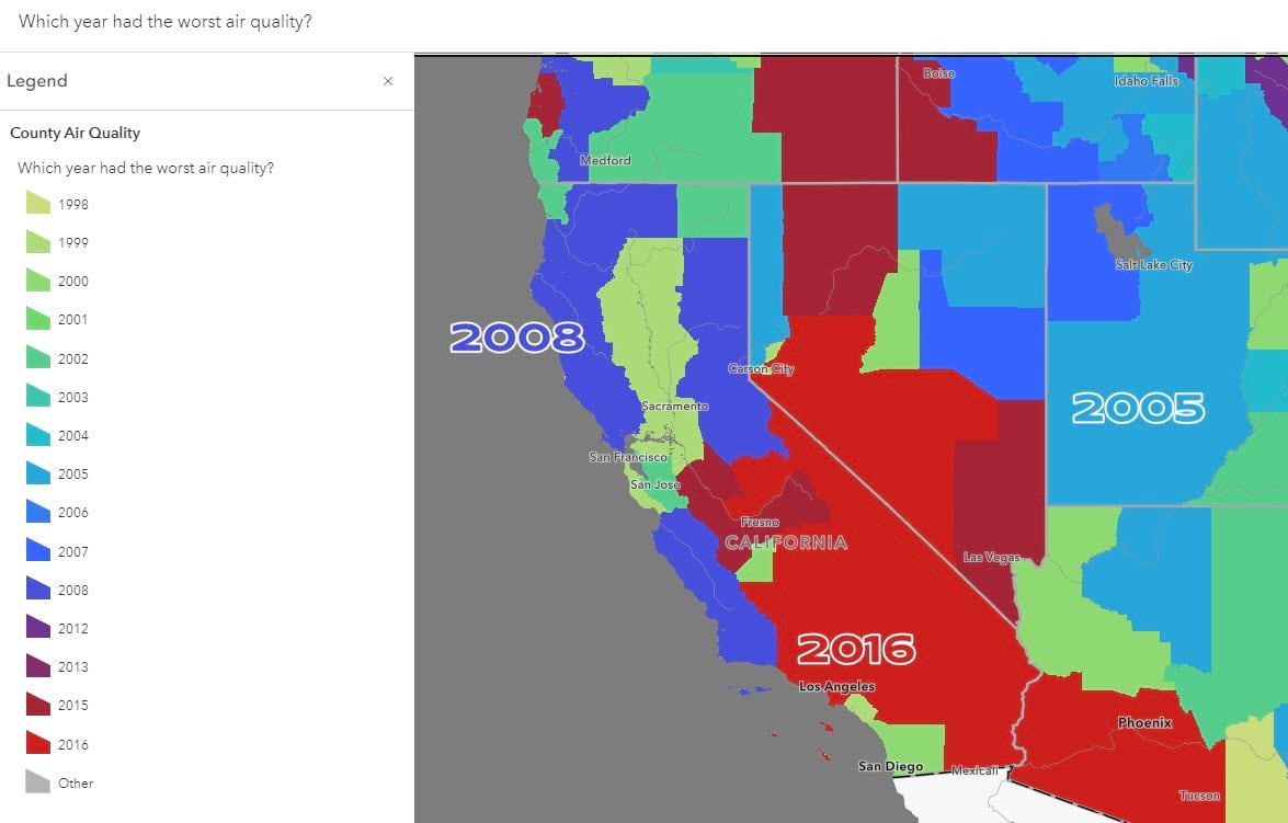 Sequential Predominance map answering the question "When was the worst air quality?" Yellows & Greens = 1998 - 2003, Blues & Purples = 2004 - 2013, Reds = 2015 & 2016. Sequential Predominance map answering the question "When was the worst air quality?" Yellows & Greens = 1998 - 2003, Blues & Purples = 2004 - 2013, Reds = 2015 & 2016.