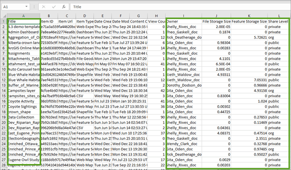 Item report with Title, Owner, Share Level, File Storage Size, and Feature Storage Size fields highlighted