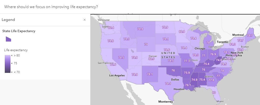 The symbology in this map is inverted so that lower life expectancy is darker. The symbology in this map is inverted so that lower life expectancy is darker.