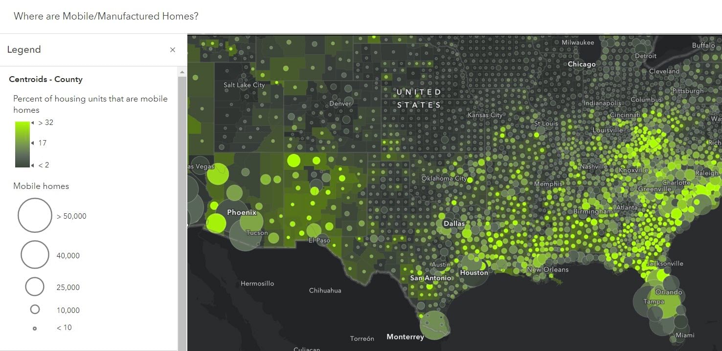 The title of this map is a question: "Where are mobile/manufactured homes?" The title of this map is a question: "Where are mobile/manufactured homes?"