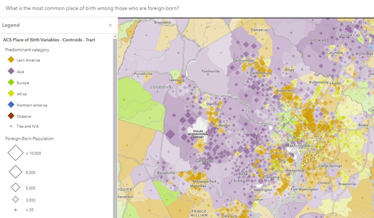 Predominance map of place of birth in Washington, DC area. Orange = Latin America, Purple = Asia, Green = Europe, Yellow = Africa, Blue = N. America, Red = Oceania Predominance map of place of birth in Washington, DC area. Orange = Latin America, Purple = Asia, Green = Europe, Yellow = Africa, Blue = N. America, Red = Oceania