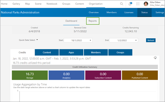 Organization page status dashboard with Reports highlighted Organization page status dashboard with Reports highlighted