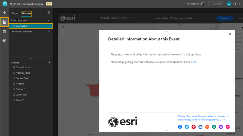 Step 10 - Now that your web map is applied, you can configure the Information window. To do this, click on the Page tab on the left, then Window, and then click on Information to configure this widget to meet your needs.