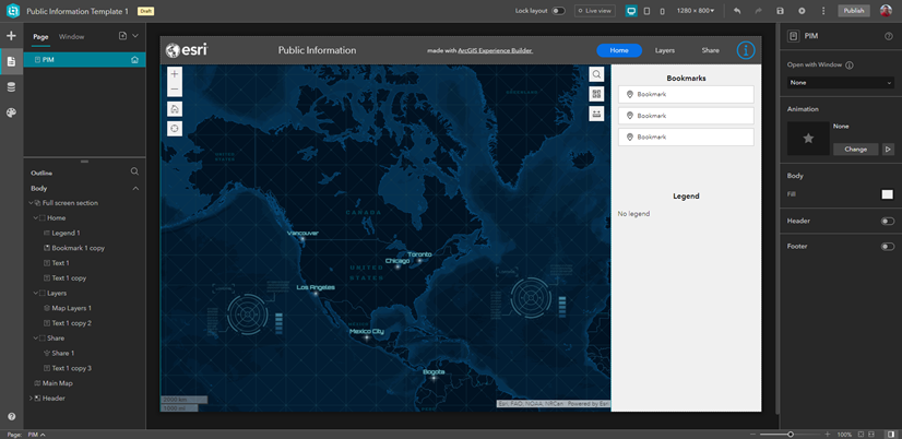 (1) The layout for large screen devices has sections on the right. This section has three views that each contain different widgets. The home tab has widgets for bookmarks and legends, a layers tab where you can turn layers on an off, as well as a share tab.