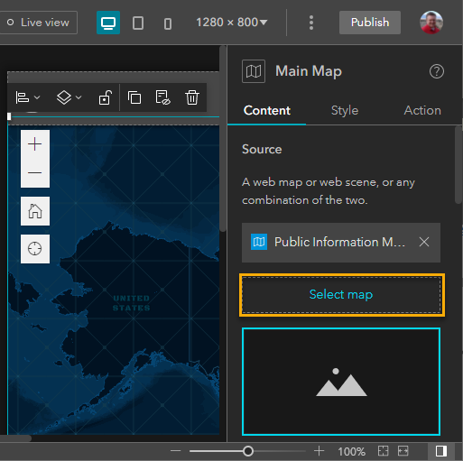 Step 7 - Configure the app to use your map instead of the default. Click on the Main Map and then Select map and browse for the web map you just added.