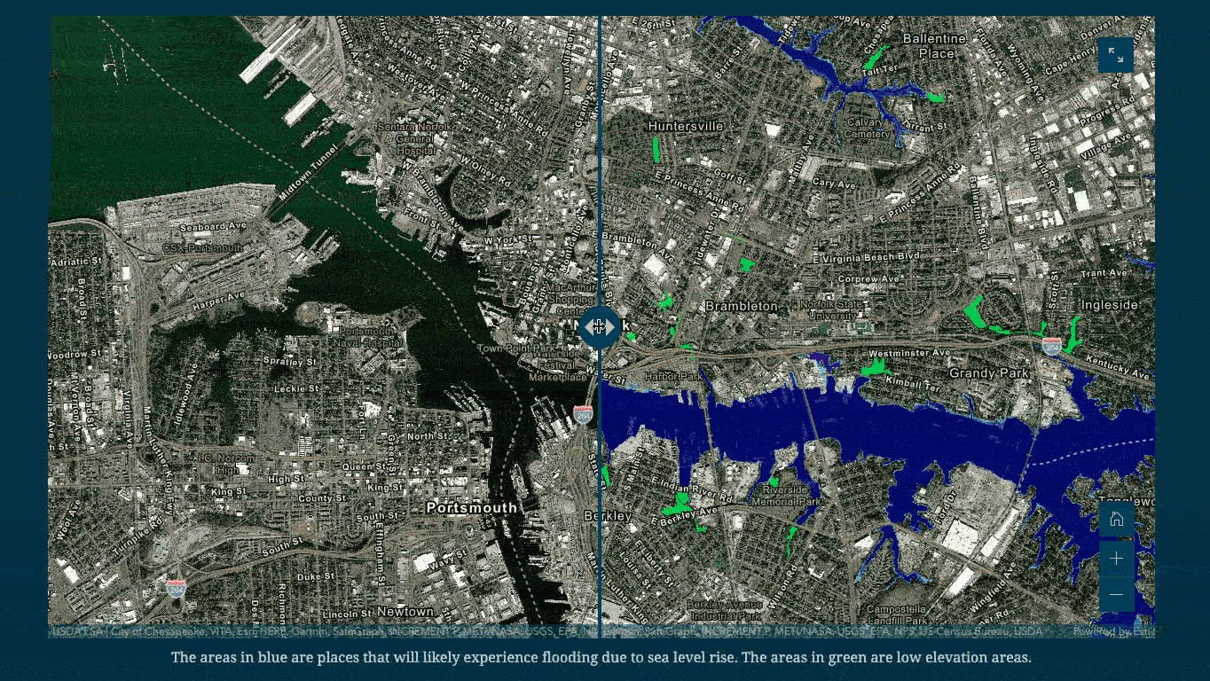 A screen capture of a swipe block in NOAA's Coastal Flooding story, comparing current imagery of Norfolk, Virginia, with the potential effects of sea level rise on the city